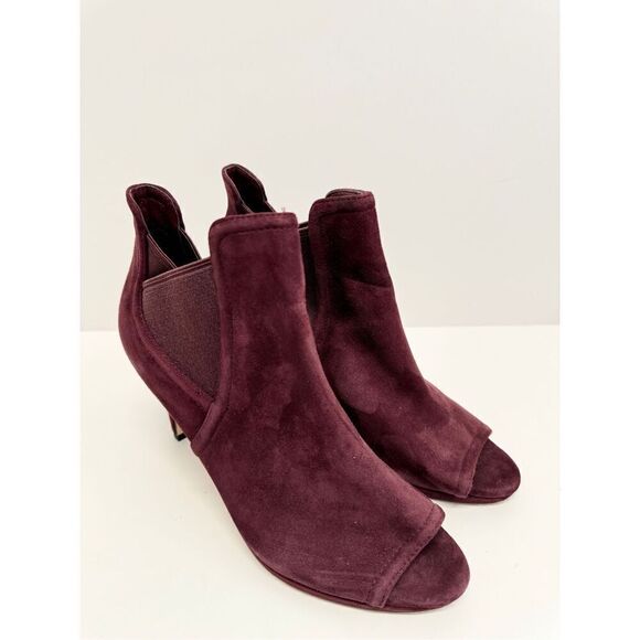 Cole Haan Peep Toe Ankle Booties Size 7B Burgundy Leather Suede Stiletto Heel - Picture 4 of 10